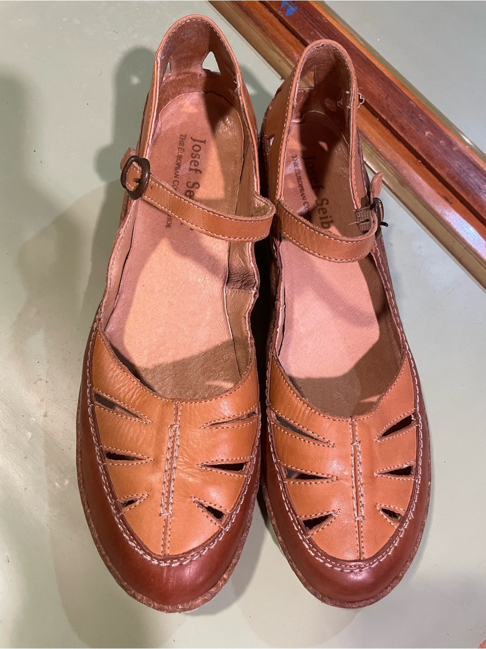 Josef Seibel Women's Brown Leather Mary Jane Flats with Cutouts